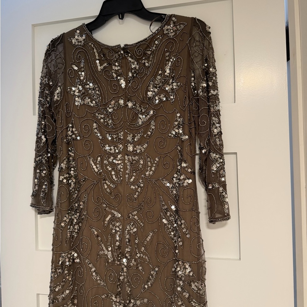 Pisarro Nights Taupe Beaded Long-Sleeve Evening Gown - Picture 9 of 10